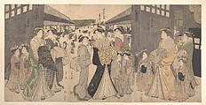 Oiran and Attendants at the Ō Mon or Great Gate of the Yoshiwara, Chōbunsai Eishi Japanese, Triptych of woodblock prints (trimmed); ink and color on paper, Japan