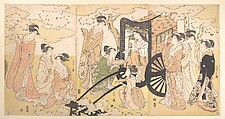 A Cherry-Viewing Excursion by a Noble Lady and Attendants, Chōbunsai Eishi Japanese, Triptych of woodblock prints; ink and color on paper, Japan