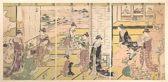 Honoring the Three Gods of Poetry: Women Composing Poems, Chōbunsai Eishi Japanese, Triptych of woodblock prints; ink and color on paper, Japan