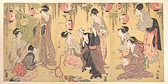 A Parody of Yuranosuke in the Pleasure Quarters, Chōbunsai Eishi Japanese, Triptych of woodblock prints; ink and color on paper, Japan