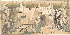 At the Tsutsui Well, Chōbunsai Eishi Japanese, Triptych of woodblock prints; ink and color on paper, Japan