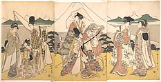 Narihira's Journey to the East, Rekisentei Eiri Japanese, Triptych of woodblock prints; ink and color on paper, Japan