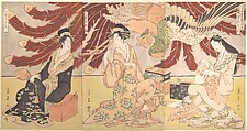 The Chōjiya Pleasure House by Day (Chōjiya hiru-mise), Chōkōsai Eishō  Japanese, Triptych of woodblock prints; ink and color on paper, Japan