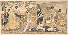 Tetsukuri no Tamagawa on the Musashino Plain, Utagawa Toyokuni I  Japanese, Triptych of woodblock prints; ink and color on paper, Japan