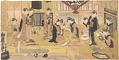 The Mieidō Fan Shop, Utagawa Toyokuni I  Japanese, Triptych of woodblock prints; ink and color on paper, Japan