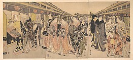 Courtesans Promenading on the Nakanochō in Yoshiwara, Utagawa Toyokuni I  Japanese, Triptych of woodblock prints; ink and color on paper, Japan