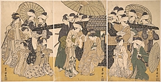 Famous Beauty Escorted by Women of Different Rank, Utagawa Toyokuni I  Japanese, Triptych of woodblock prints; ink and color on paper, Japan