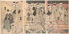 Beauties on a Veranda among Cherry Blossoms from which a Samurai is Departing, Utagawa Toyokuni I Japanese, Triptych of woodblock prints; ink and color on paper, Japan