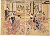 Two Young Women Playing a Game of Sugoroku, Utagawa Toyokuni I  Japanese, Diptych of woodblock prints; ink and color on paper, Japan