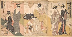 Women and an Infant Boy in a Public Bath House, Utagawa Toyokuni I  Japanese, Triptych of woodblock prints; ink and color on paper, Japan