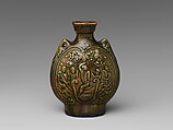 Pilgrim’s flask with Central Asian dancers
, Earthenware with molded decoration under olive-green glaze, China
