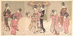 Courtesans and Attendants Making a Giant Snowball, Utagawa Toyokuni I  Japanese, Triptych of woodblock prints; ink and color on paper, Japan