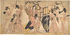 Elegant Transformed View of Drawing a Court Wagon, Kikugawa Eizan Japanese, Triptych of woodblock prints; ink and color on paper, Japan
