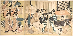 Promenade of Famous Beauty Escorted by Many Female Attendants, Kikugawa Eizan Japanese, Triptych of woodblock prints; ink and color on paper, Japan