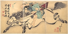 Horse and Rider, Tsukioka Yoshitoshi Japanese, Triptych of woodblock prints; ink and color on paper, Japan