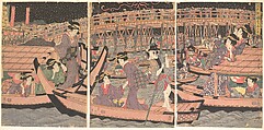 Cooling Off at Ryogoku in Edo, Kikugawa Eizan Japanese, Triptych of woodblock prints; ink and color on paper, Japan