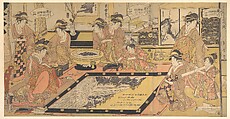 A Votive Picture to Be Donated to the Kannon of Asakusa (Asakusa Kannon hō kakegaku no zu), by Takigawa of the Ōgiya, Kamuro Menami and Onami, with Tomikawa, Kumegawa, Tamagawa, Tsugawa, Utagawa, and Kiyokawa
, Kitagawa Kikumaro Japanese, Triptych of woodblock prints; ink and color on paper, Japan