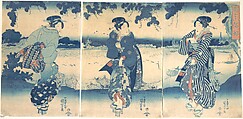 Women Near a River, Utagawa Kuniyoshi  Japanese, Triptych of woodblock prints; ink, silver, and color on paper, Japan