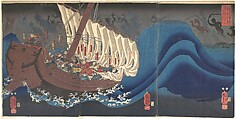 Ghosts of the Taira at Daimotsu Bay, Utagawa Kuniyoshi Japanese, Triptych of woodblock-printed books (nishiki-e); ink and color on paper, Japan