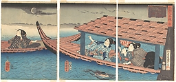 Autumn, from the series Women’s Pleasures of the Four Seasons
, Utagawa Kuniyoshi Japanese, Triptych of woodblock prints; ink, silver, and color on paper, Japan