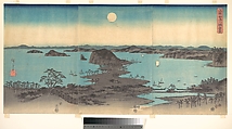 Full Moon at Kanazawa, Province of Musashi, Utagawa Hiroshige  Japanese, Triptych of woodblock prints; ink and color on paper, Japan