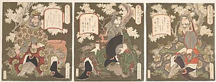 The Three Heroes of Shoku (Shu): Emperor Ryubi (Liu Fei) and His Friends Kwan-u (Kwan Yu) and Chohi (Chang Fei), Yashima Gakutei  Japanese, Triptych of woodblock prints(surimono); gold, copper and silver on paper, Japan