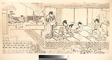 Two Court Ladies (Goten Jochu) and a Geisha at a Restaurant, Utagawa Kunisada Japanese, Triptych of woodblock prints; ink and color on thin paper, Japan