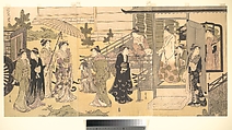 A Disguised Scene from The Tale of Genji (Fūryū Yatsushi Genji), Chapter 33, “Wisteria Leaves (Fuji no uraba)”, Chōbunsai Eishi Japanese, Triptych of woodblock prints; ink and color on paper, Japan