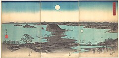 Full Moon at Kanazawa, Province of Musashi, Utagawa Hiroshige  Japanese, Triptych of woodblock prints; ink and color on paper, Japan