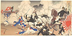 The Fall of Pyongyang, from a series on the Sino-Japanese War, Migita Toshihide (Japanese, 1863–1925), Set of six woodblock prints; ink and color on paper, Japan