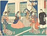Drawing Room of a Foreign Business Establishment in Yokohama, Utagawa (Gountei) Sadahide Japanese, Center and right sheets of a triptych of woodblock prints; ink and color on paper, Japan