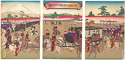 Review of Troops at the Aoyama Training Grounds, Utagawa Kunimasa V (Baidō Kokunimasa) Japanese, One sheet of a triptych of woodblock prints (nishiki-e); ink and color on paper, Japan