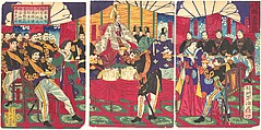 Illustration of the Honored Commanders, Receiving the Emperor's Gift Cup (Kunkō no shō tenpai o tamau no zu), Yōshū (Hashimoto) Chikanobu  Japanese, One sheet of a triptych of woodblock prints; ink and color on paper, Japan