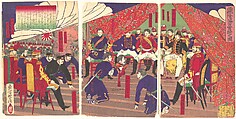 Presentation of the Head of Saigo to the Prince Arisogawa, Yamazaki Toshinobu Japanese, One sheet of a triptych of woodblock prints; ink and color on paper, Japan