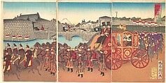 Illustration of the Imperial Carriage (Gohōren no zu), Utagawa Kunitoshi  Japanese, One sheet of a triptych of woodblock prints; ink and color on paper, Japan