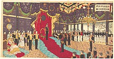 Illustration of the Issuing of the State Constitution in the State Chamber of the New Imperial Palace, Adachi Ginkō  Japanese, Triptych of woodblock prints (nishiki-e); ink and color on paper, Japan