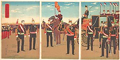 Review of Troops at the Aoyama Parade Grounds, Inoue Yasuji  Japanese, Triptych of woodblock prints (nishiki-e); ink and color on paper, Japan