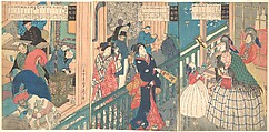 A True View of a Trading House of a Yokohama Merchant, Utagawa (Gountei) Sadahide Japanese, Triptych of woodblock prints (nishiki-e); ink and color on paper; vertical ōban, Japan