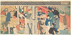 Sales Room at the Foreign Trade Building in Yokohama, Utagawa (Gountei) Sadahide Japanese, Triptych of woodblock prints; ink and color on paper, Japan