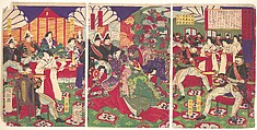 Leaders of the Pacification of the Kagoshima Rebels Celebrating with Cups of Wine from the Emperor (Kagoshima zokuto chinsei ni yotte shoshō tenhai chōdai no zu), Yōshū (Hashimoto) Chikanobu  Japanese, Triptych of woodblock prints; ink and color on paper, Japan