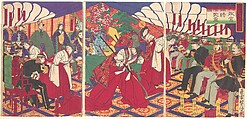 Commanders Receiving the Emperor's Drinking Cups, Yamazaki Toshinobu Japanese, Triptych of woodblock prints; ink and color on paper, Japan