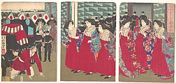 Illustration of Ladies-in-waiting boarding at a station (Kanjo sutēshon chakusha zu), Tsukioka Yoshitoshi Japanese, Woodblock print; ink and color on paper, Japan