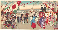 Visit of the Empress to the Third National Industrial Promotional Exhibition at Ueno Park  (Ueno dai sankai  naikoku kangyō hakuran kai gyokō no zu), Yōshū (Hashimoto) Chikanobu  Japanese, Triptych of woodblock prints; ink and color on paper, Japan