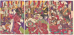 Civil and Military Officers, Toshimasa Japanese, Triptych of woodblock prints; ink and color on paper, Japan