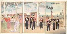 Triumphant Arrival of the Emperor at Shinbashi Station, Kobayashi Kiyochika  Japanese, Triptych of woodblock prints; ink and color on paper, Japan