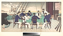 Naval Officers Discussing Strategy to be Used in the War against China, Mizuno Toshikata Japanese, Triptych of woodblock prints (nishiki-e); ink and color on paper, Japan