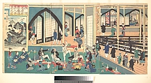 Foreigners Enjoying Themselves in the Gankirō, Utagawa Yoshikazu Japanese, Triptych of woodblock prints; ink and color on paper, Japan