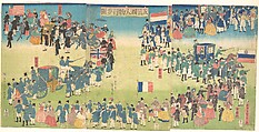 Procession of People from Five Countries: Holland, Russia, France, England and America, Utagawa (Gountei) Sadahide Japanese, Triptych of woodblock prints; ink and color on paper, Japan