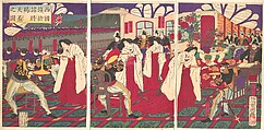 Illustration of the Commanders who Pacified Western Japan, Receiving the Emperor's Gift Cups (Saigoku chinbu shoshō tenpai o tamau no zu), Yōshū (Hashimoto) Chikanobu  Japanese, Woodblock print; ink and color on paper, Japan