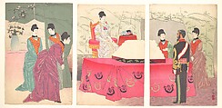 Illustration of the  Empress Visiting the General Staff Headquarters [to present a tray of bandages]  (Sanbō honbu gyōkei no zu), Kobayashi Kiyochika  Japanese, Triptych of woodblock prints; ink and color on paper, Japan